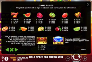 Full paytable for the Juicy Fruits slot machine